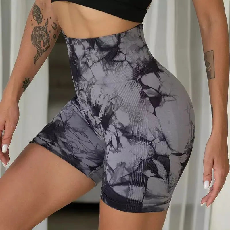 Seamless Tie Dye Sport Shorts / Elastic Scrunch High Waist Gym Shorts