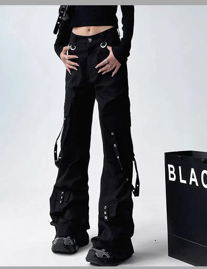 Black Gothic Cargo Flare Pants /High Waist Wide Leg Trousers (Victorious Neural Link)