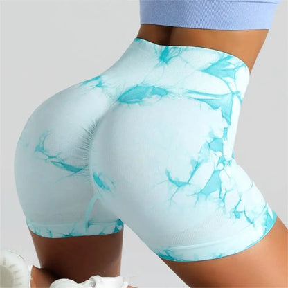Seamless Tie Dye Sport Shorts / Elastic Scrunch High Waist Gym Shorts