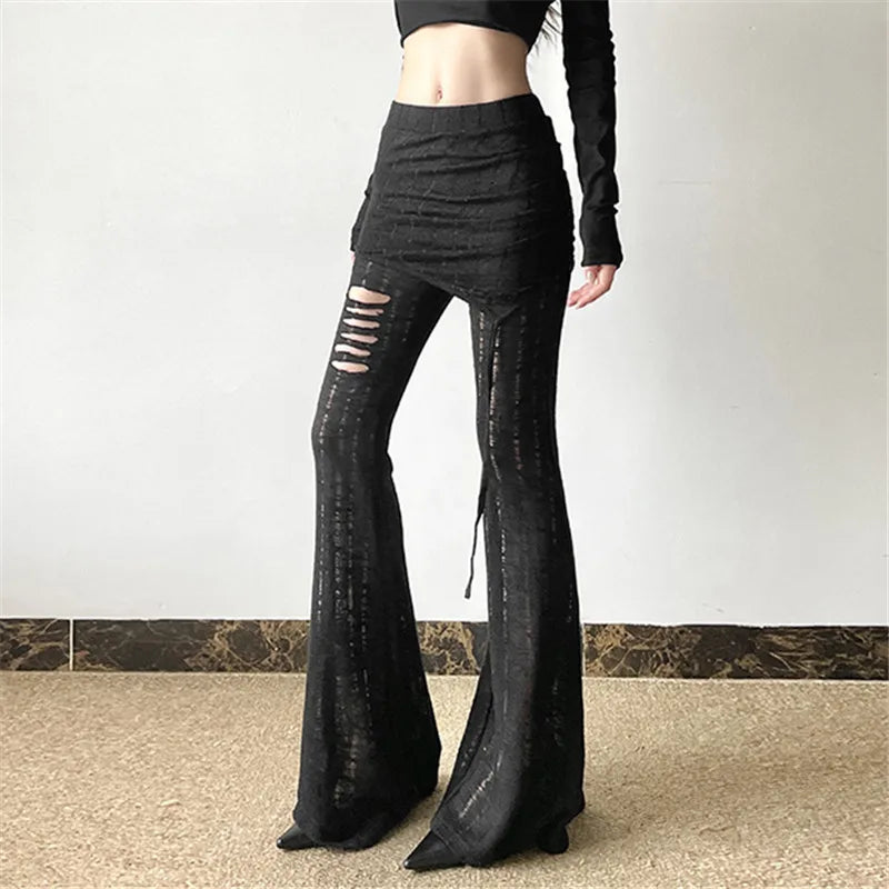 Goth Dark Solid High Waist Pants/ Holes See Through Trousers (Victorious HoloEdge)