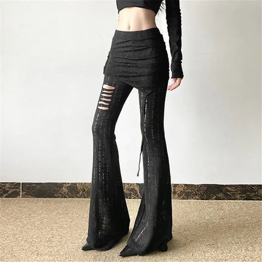 Goth Dark Solid High Waist Pants/ Holes See Through Trousers (Victorious HoloEdge)