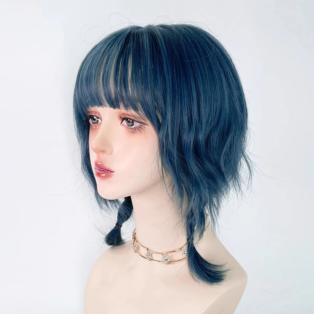 Blue Synthetic Mullet Head Wig with Bangs /Short Straight Lolita Anime Cosplay