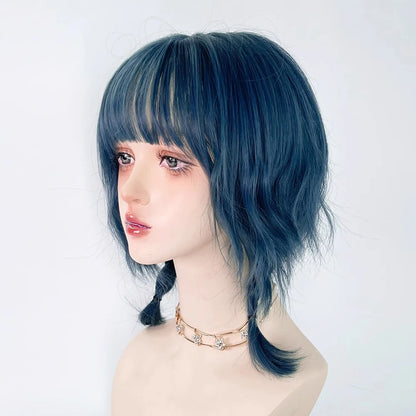 Blue Synthetic Mullet Head Wig with Bangs /Short Straight Lolita Anime Cosplay
