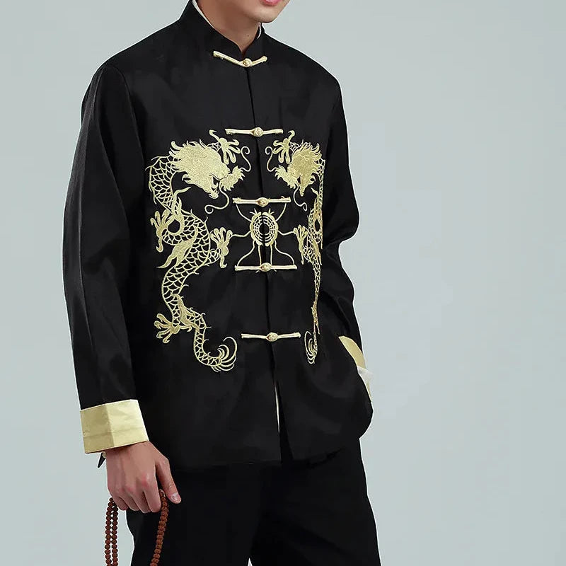 Vintage-style Men's Long-sleeve Jacket with Gold Embroidered Chinese Dragon Design; Available in Black, Gray, Blue, and Red.