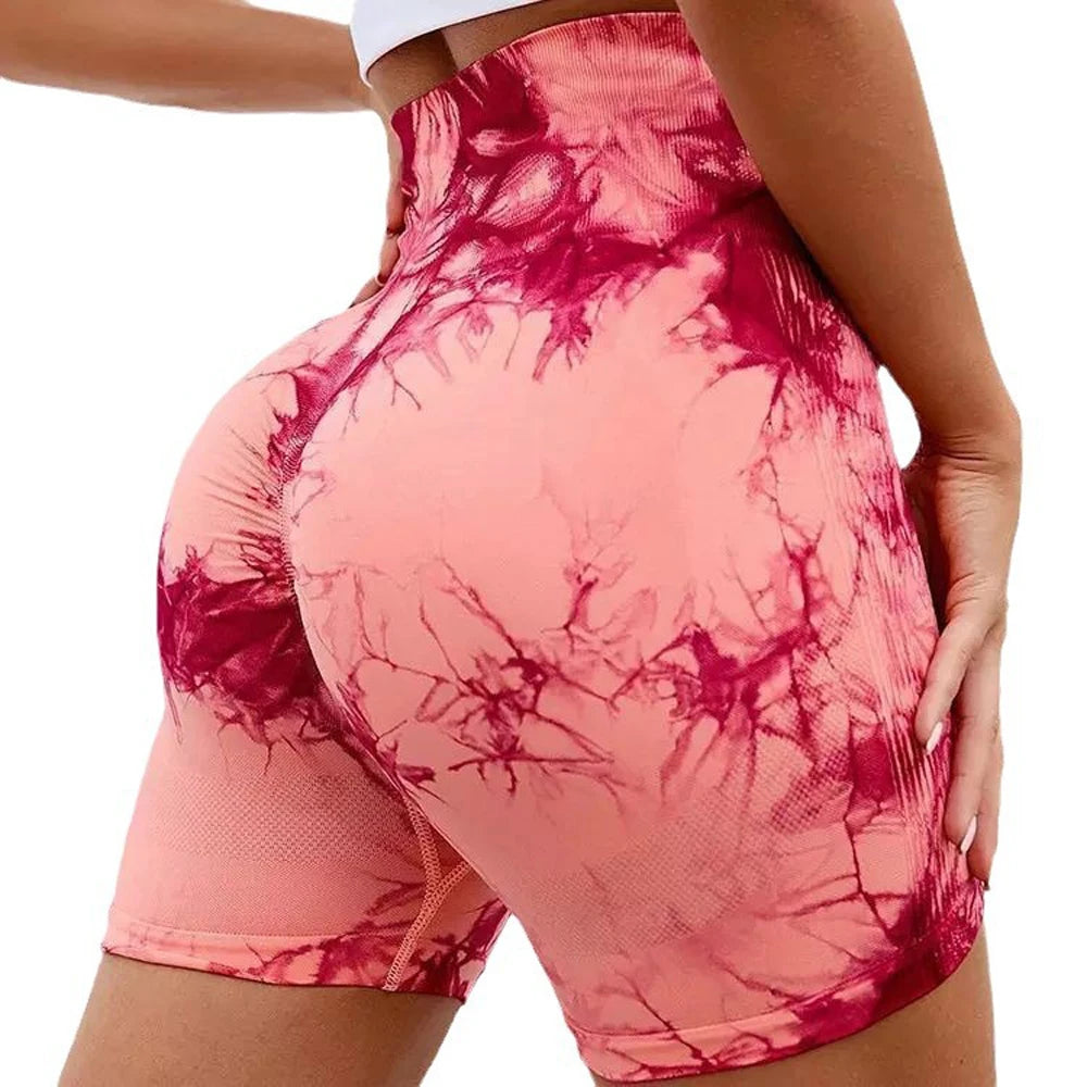 Seamless Tie Dye Sport Shorts / Elastic Scrunch High Waist Gym Shorts