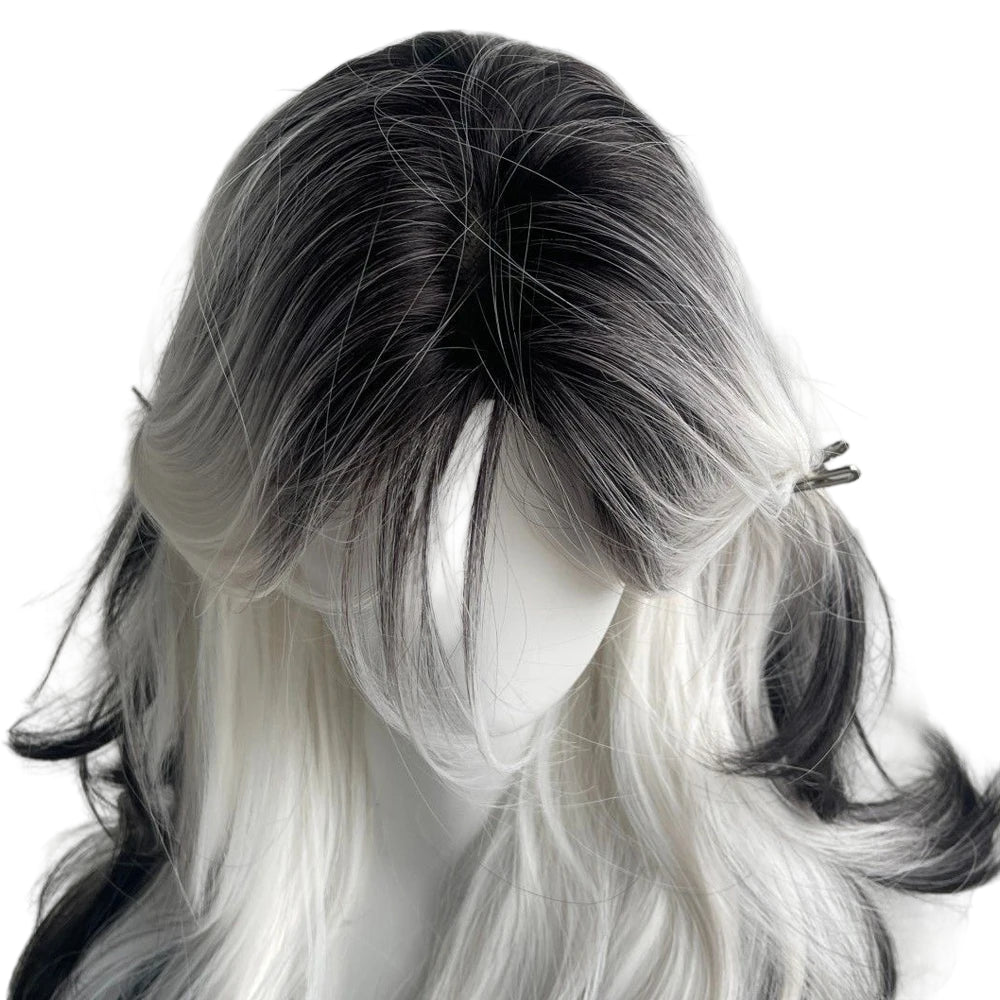 Long Wave Synthetic Black Ombre White Wig Fluffy Women Heat Resistant Wig for Daily Party Lolita Cosplay