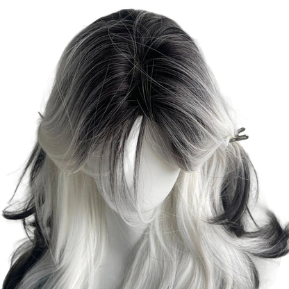 Long Wave Synthetic Black Ombre White Wig Fluffy Women Heat Resistant Wig for Daily Party Lolita Cosplay