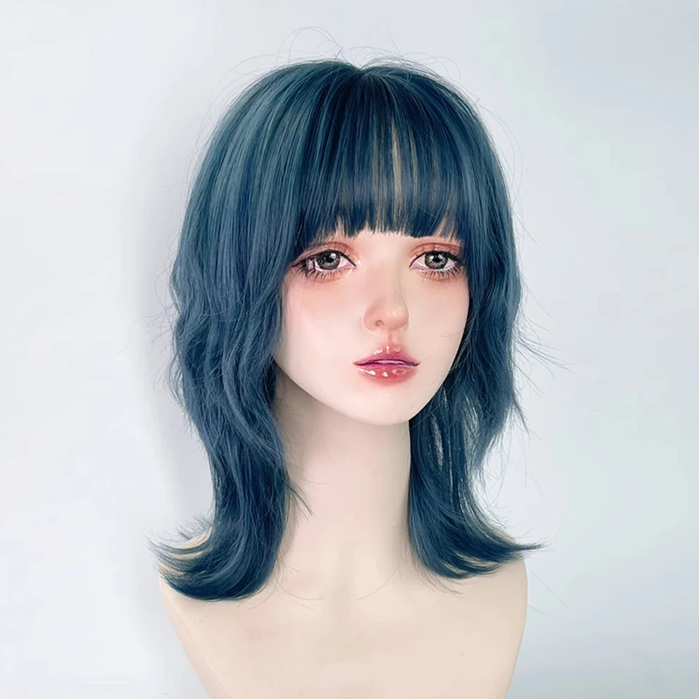 Blue Synthetic Mullet Head Wig with Bangs /Short Straight Lolita Anime Cosplay
