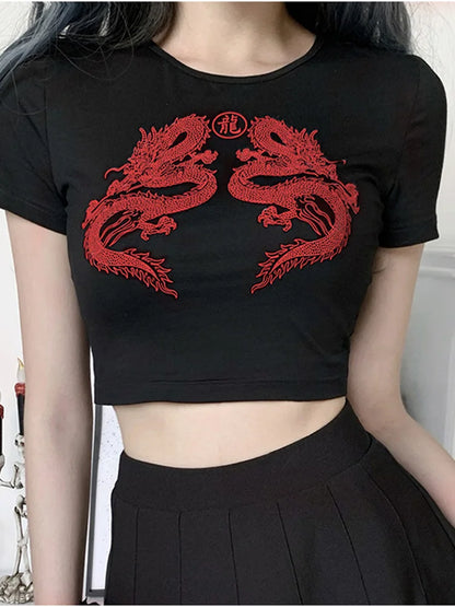 Women Short Sleeve Dragon Print T-shirt