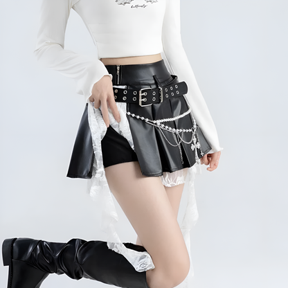 Lace PU Kawaii Skirt / A-line Pleated (Victorious Black Sakura Battle)