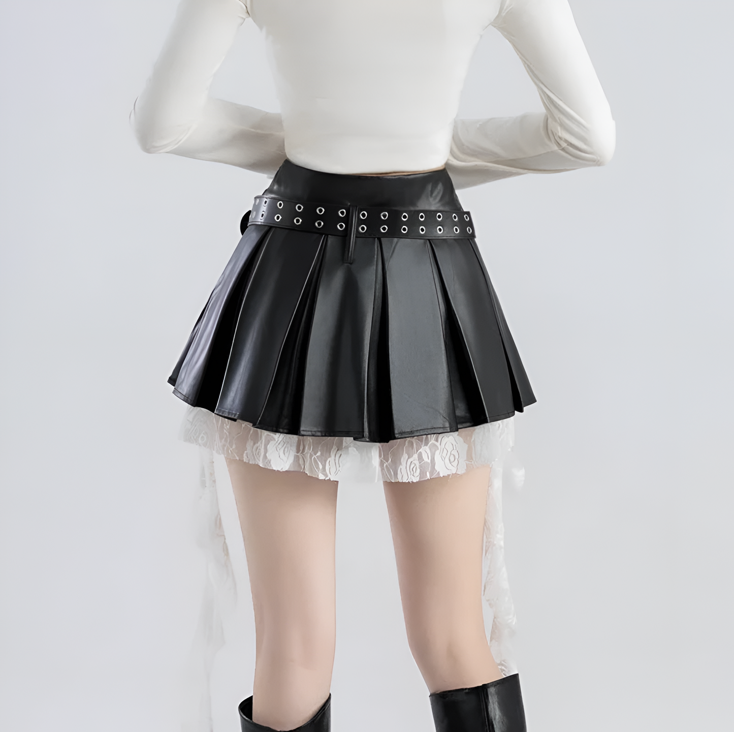 Lace PU Kawaii Skirt / A-line Pleated (Victorious Black Sakura Battle)