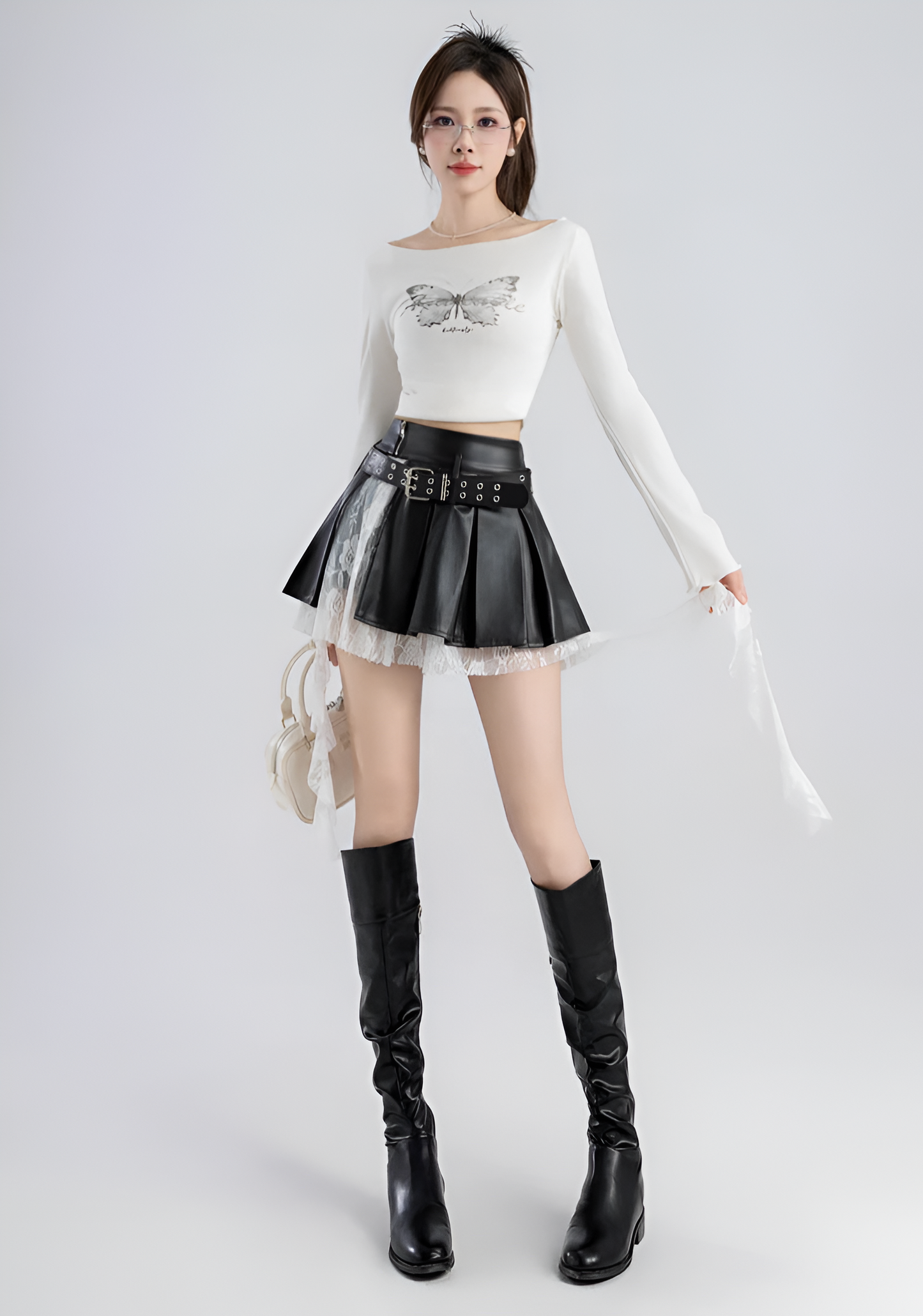 Lace PU Kawaii Skirt / A-line Pleated (Victorious Black Sakura Battle)