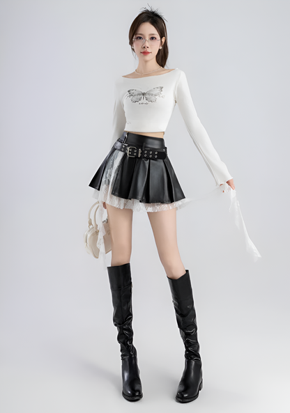 Lace PU Kawaii Skirt / A-line Pleated (Victorious Black Sakura Battle)