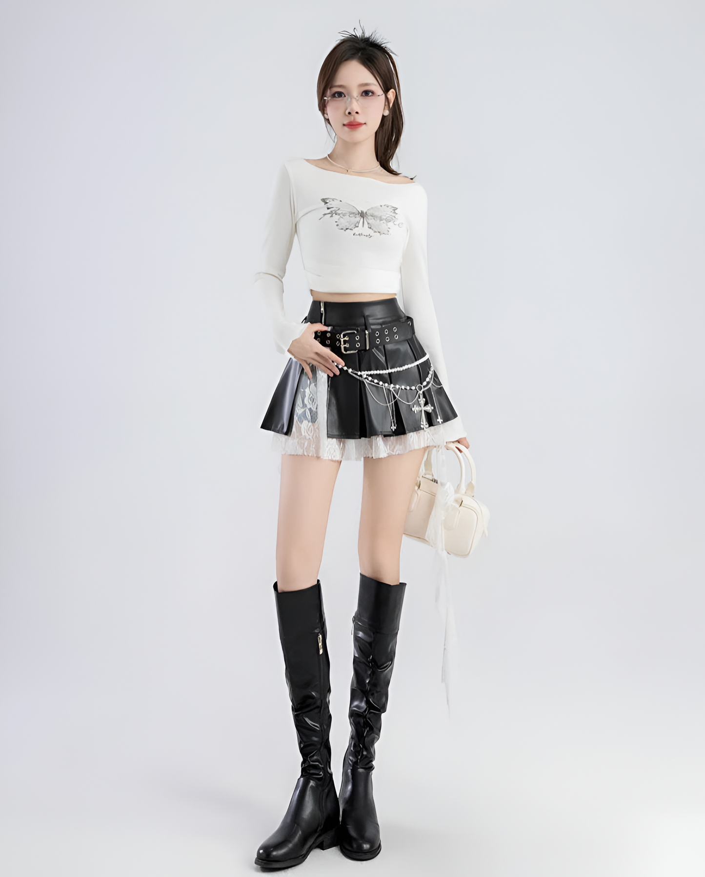 Lace PU Kawaii Skirt / A-line Pleated (Victorious Black Sakura Battle)