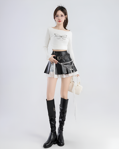 Lace PU Kawaii Skirt / A-line Pleated (Victorious Black Sakura Battle)