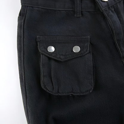 Black Goth Cargo Jeans with Multi Pockets Metal Buckle & Belt