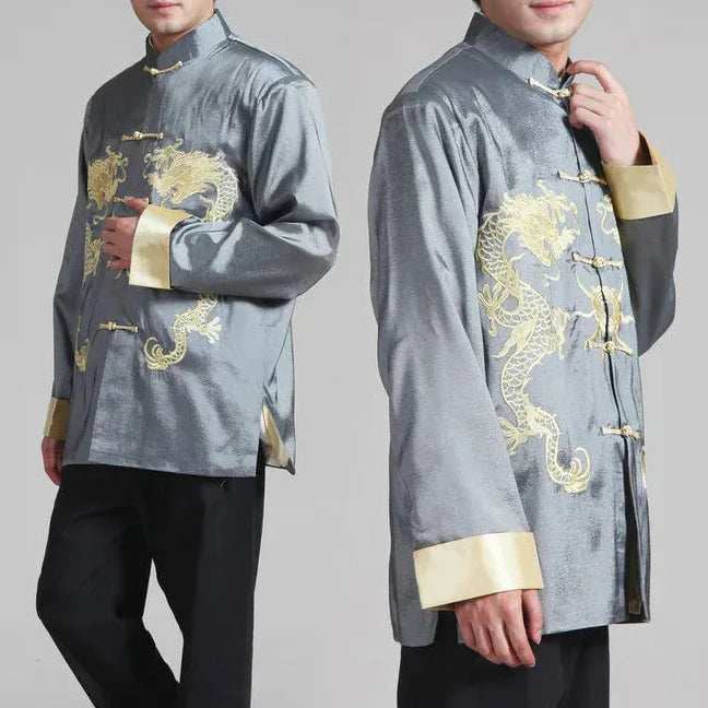 Gray / XXXL Vintage-style Men's Long-sleeve Jacket with Gold Embroidered Chinese Dragon Design; Available in Black, Gray, Blue, and Red.