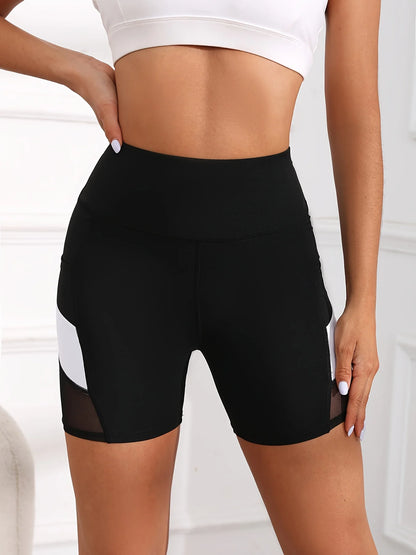 High Waisted Mesh Color blocked Yoga Shorts with Pockets (Victorious Cyber Halo Shorts)
