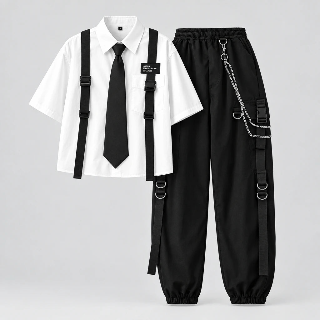 Casual Cargo Pants Suit for Women, Spring Streetwear High-Waist Straight Ribbon Pants with Short-Sleeved Shirt Two-piece Set