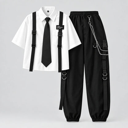 Casual Cargo Pants Suit for Women, Spring Streetwear High-Waist Straight Ribbon Pants with Short-Sleeved Shirt Two-piece Set
