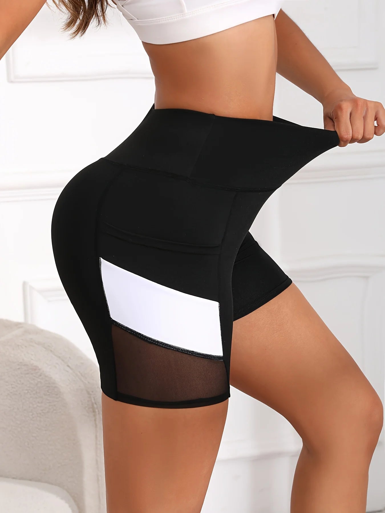 High Waisted Mesh Color blocked Yoga Shorts with Pockets (Victorious Cyber Halo Shorts)