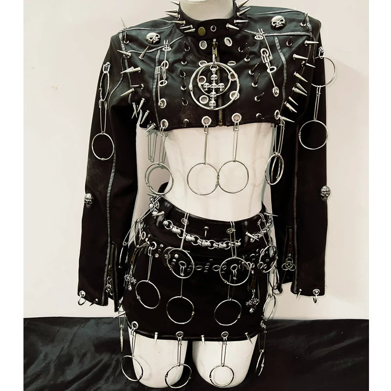 Punk Jacket Leather & Skirt /Full Set Gothic Spikes Outfit