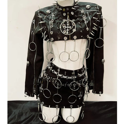 Punk Jacket Leather & Skirt /Full Set Gothic Spikes Outfit