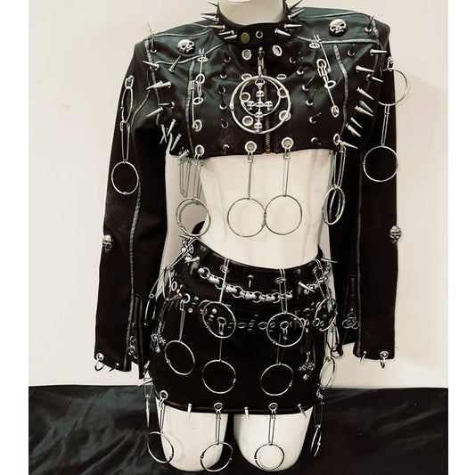 Punk Jacket Leather & Skirt /Full Set Gothic Spikes Outfit