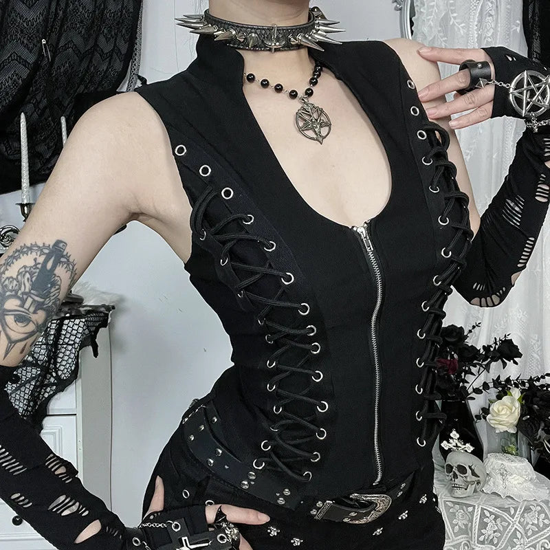 Goth Dark Punk Sleeveless Corn Bandage Vest / Women's Gothic Techwear (Victorious Nocturne Valor Vest)