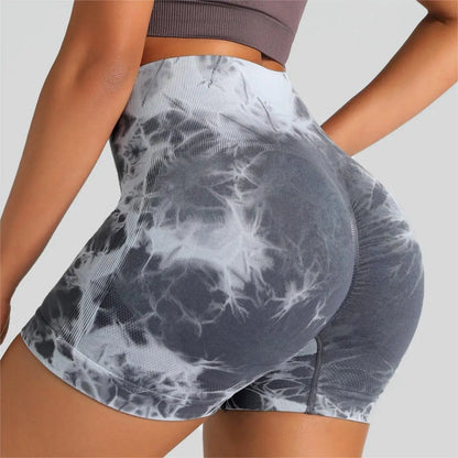 Seamless Tie Dye Sport Shorts / Elastic Scrunch High Waist Gym Shorts