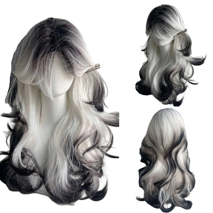 Long Wave Synthetic Black Ombre White Wig Fluffy Women Heat Resistant Wig for Daily Party Lolita Cosplay