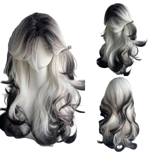 Long Wave Synthetic Black Ombre White Wig Fluffy Women Heat Resistant Wig for Daily Party Lolita Cosplay