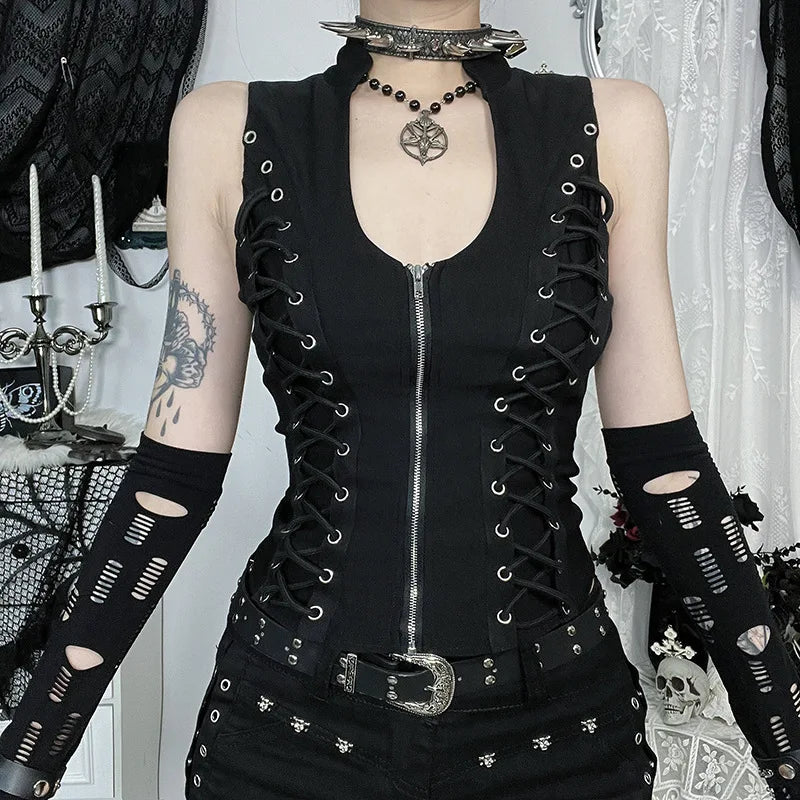 Goth Dark Punk Sleeveless Corn Bandage Vest / Women's Gothic Techwear (Victorious Nocturne Valor Vest)