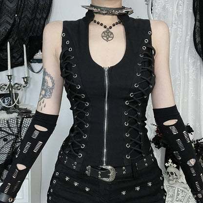 Goth Dark Punk Sleeveless Corn Bandage Vest / Women's Gothic Techwear (Victorious Nocturne Valor Vest)