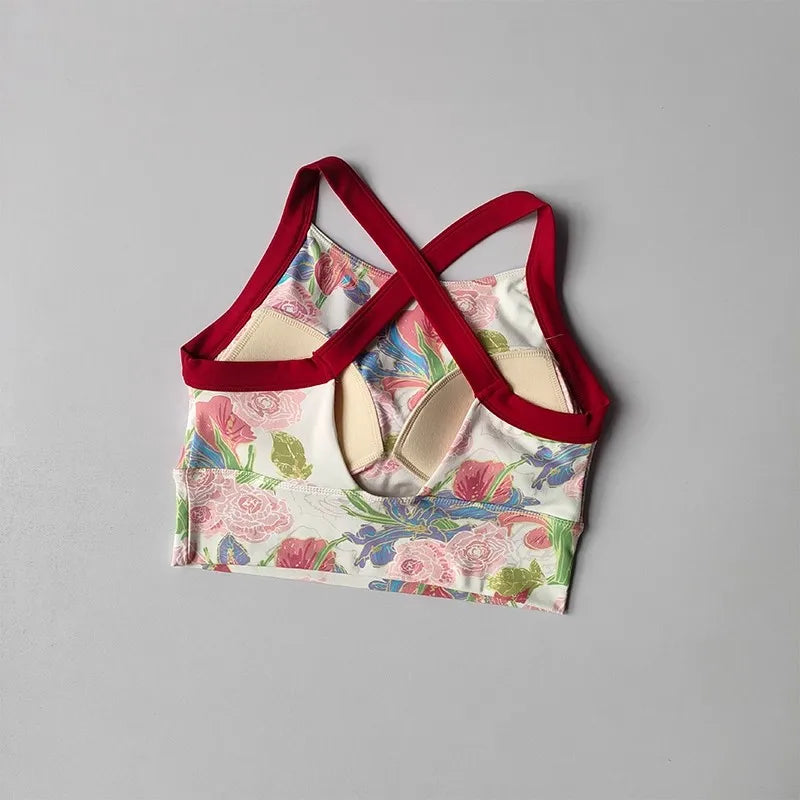 Women Cross Strap Nature Pattern Sports Bra/ Yoga Gym Crop Top
