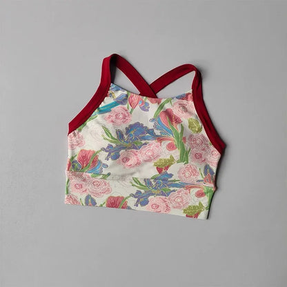 Women Cross Strap Nature Pattern Sports Bra/ Yoga Gym Crop Top