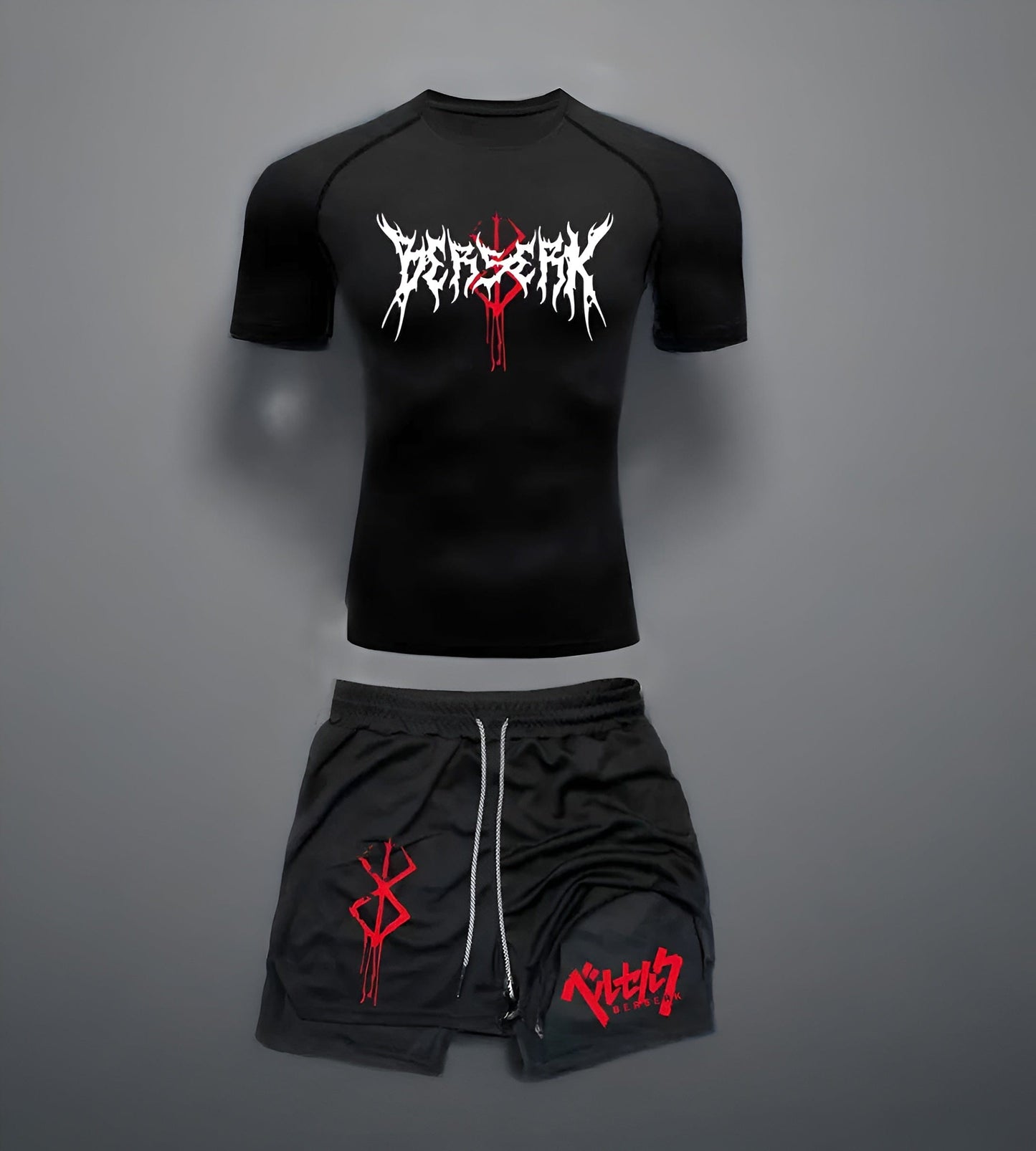 All Black Outfit / S Anime Berserk Compression Set /Workout Gym Tshirts & Breathable Running Shorts