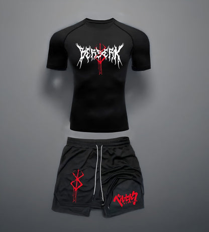 All Black Outfit / S Anime Berserk Compression Set /Workout Gym Tshirts & Breathable Running Shorts