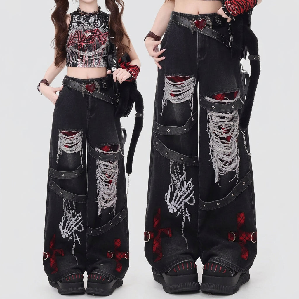 American Style Spicy Girl Loose Lazy and Relaxed Denim Pants Female punk Retro Washed Fashionable Versatile Casual Pants