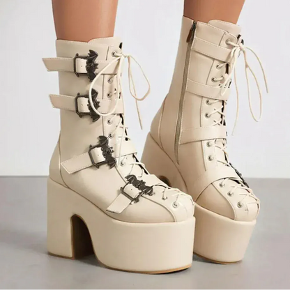 apricot 2 / 5 Punk Goth Women Motorcycle Boots Block /High Heels Platform Shoes