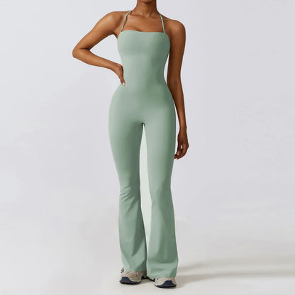 Aqua Green / M Women Sleeveless Yoga Jumpsuit/ Gym Flared Overalls (Victorious SynthWave)