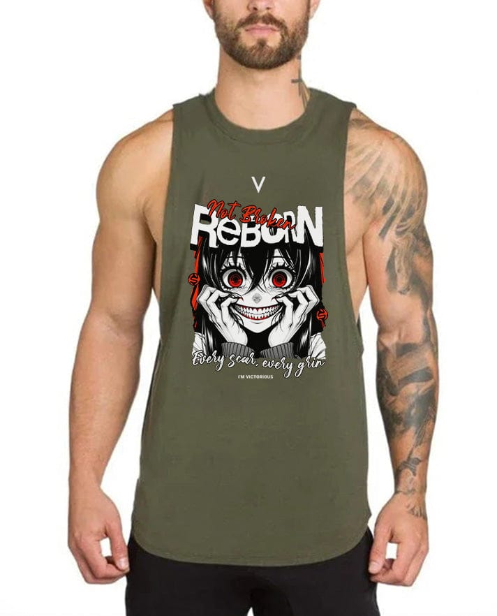 Army green / M Reborn V High Neck Tank Top - Gym Fitness Streetwear Tank Top
