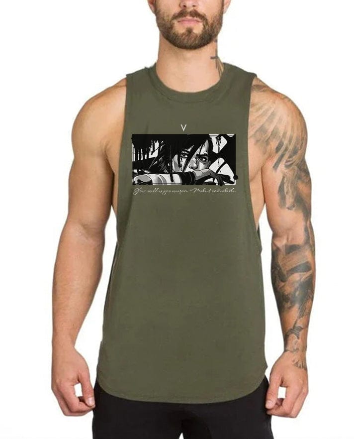 Army green / M Vi Dark Grunge Emo Arcane High Neck Tank Top - Gym Fitness Streetwear Tank Top