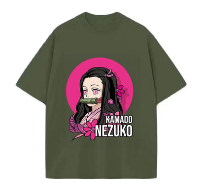 Army Green / XS Nezuko (Demons Slayer) Anime Oversize T-Shirt