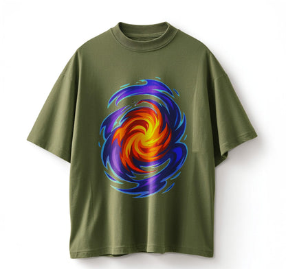 Army Green / XS Swirling Energy Flames Anime Oversize T-Shirt