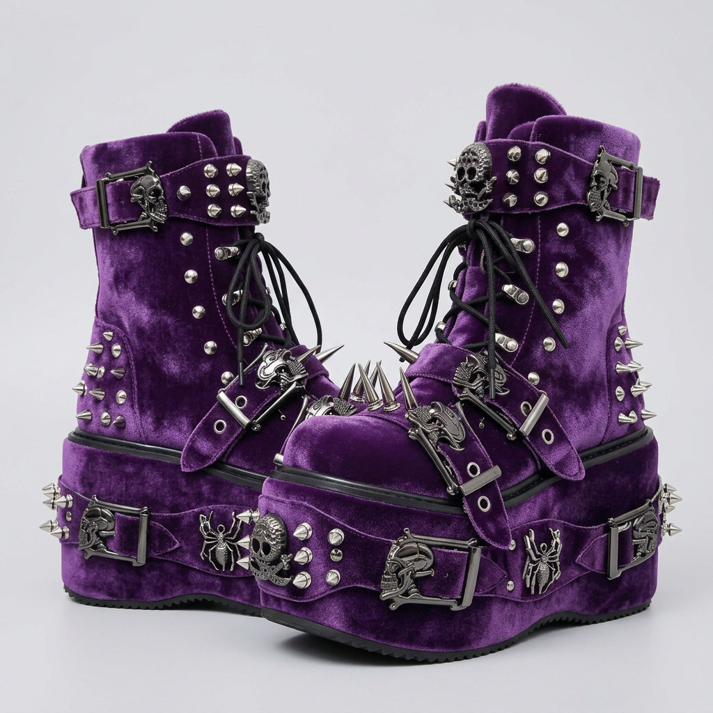 as picture 2 / 50 2026 Camouflage Print Platform Ankle Boots Spider Metal Studs Spikes Buckle Straps Lace-Up Gothic Punk Y2K Street Fashion Shoes