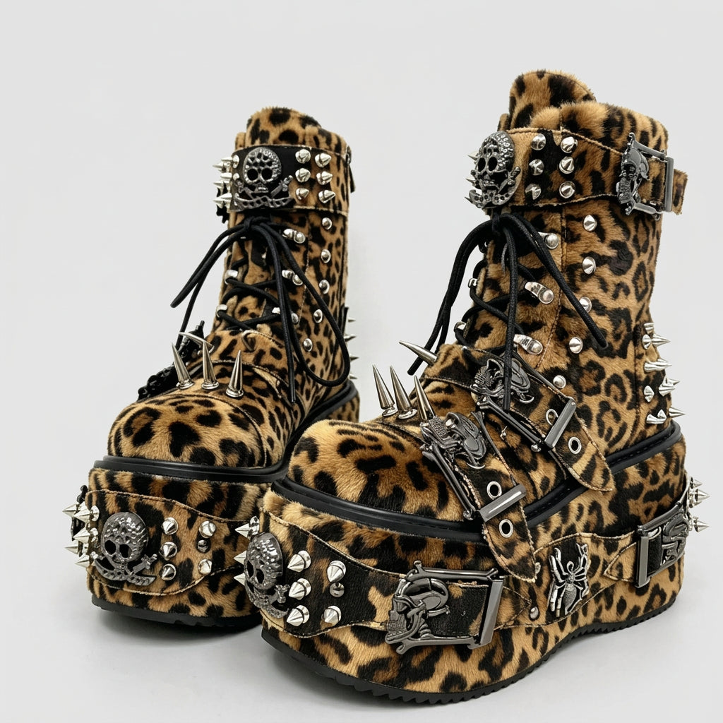 as picture 4 / 50 2026 Camouflage Print Platform Ankle Boots Spider Metal Studs Spikes Buckle Straps Lace-Up Gothic Punk Y2K Street Fashion Shoes