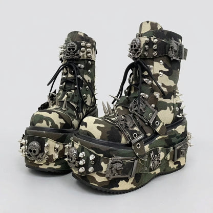 as picture 5 / 50 2026 Camouflage Print Platform Ankle Boots Spider Metal Studs Spikes Buckle Straps Lace-Up Gothic Punk Y2K Street Fashion Shoes