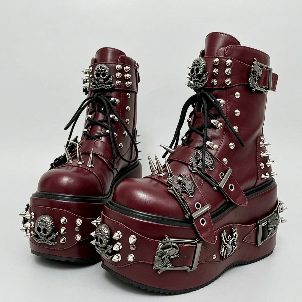 as picture 6 / 50 2026 Camouflage Print Platform Ankle Boots Spider Metal Studs Spikes Buckle Straps Lace-Up Gothic Punk Y2K Street Fashion Shoes