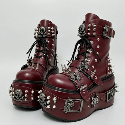 as picture 6 / 50 2026 Camouflage Print Platform Ankle Boots Spider Metal Studs Spikes Buckle Straps Lace-Up Gothic Punk Y2K Street Fashion Shoes